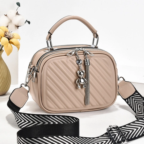 Women Quilted PU Leather Crossbody Bag Multi Pocket Shoulder Handbag With Wide Patterned Strap Bear Charm