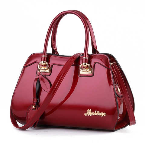 Glossy Patent Leather Handbag For Women Elegant Top-Handle Shoulder Bag With Gold Hardware And Leaf Charm Decor