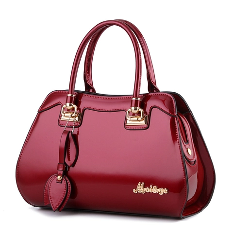 Glossy Patent Leather Handbag For Women Elegant Top-Handle Shoulder Bag With Gold Hardware And Leaf Charm Decor