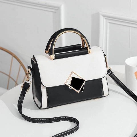 Borsa A Mano Da Donna In Pelle PU Colore A Contrasto Borsa A Tracolla Con Fibbia Geometrica Dorata Manico In Metallo Stile Coreano