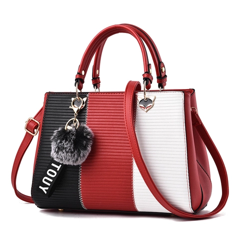 Bolso De Mano Mujer Cuero PU Retazos Bloques De Color Asa Bolso De Hombro Cruzado Colgante Zorro Bola De Felpa Texturizado