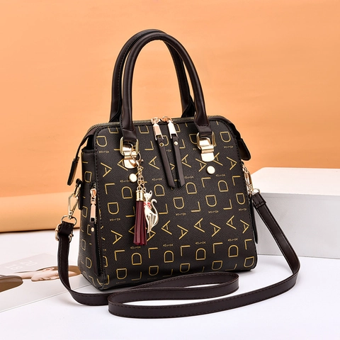 Bolso De Hombro Bandolera Para Mujer Cuero PU Estampado Letras Monograma Asas Color Contraste Colgante Gato Borla Retro