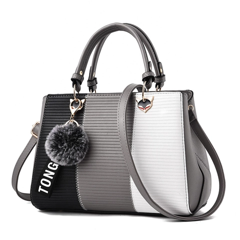 Bolso De Mano Mujer Cuero PU Retazos Bloques De Color Asa Bolso De Hombro Cruzado Colgante Zorro Bola De Felpa Texturizado