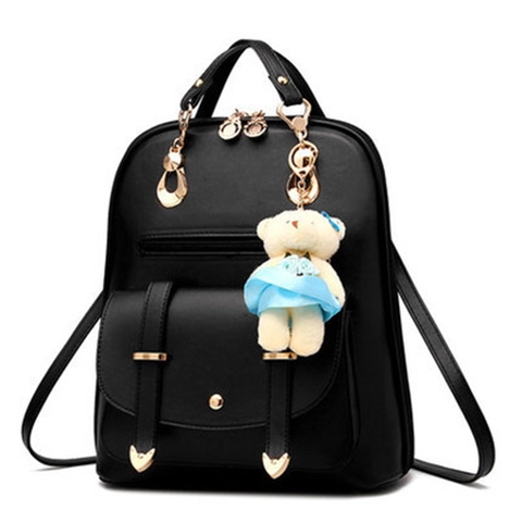 Women Fashion Backpack PU Leather With Bear Pendant Korean Style Casual Shoulder Bag For Travel Girls Students