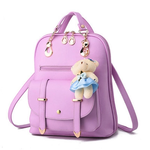 Women Fashion Backpack PU Leather With Bear Pendant Korean Style Casual Shoulder Bag For Travel Girls Students