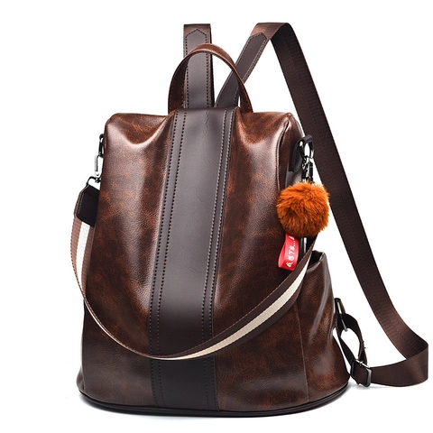 Zaino In Pelle PU Vintage Donna Antifurto Grande Capacità Borsa Da Viaggio Casual Con Ciondolo Pompon