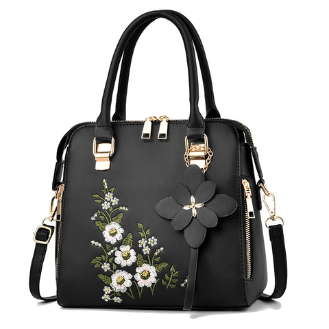 Borsa A Mano Da Donna In Pelle PU Elegante Ricamo Floreale Borsa A Tracolla Con Pendente A Fiore E Dettagli Dorati