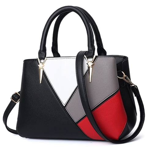 Fashion Women Handbag PU Leather Geometric Color Block Patchwork Shoulder Bag With Detachable Strap Elegant Commute Tote