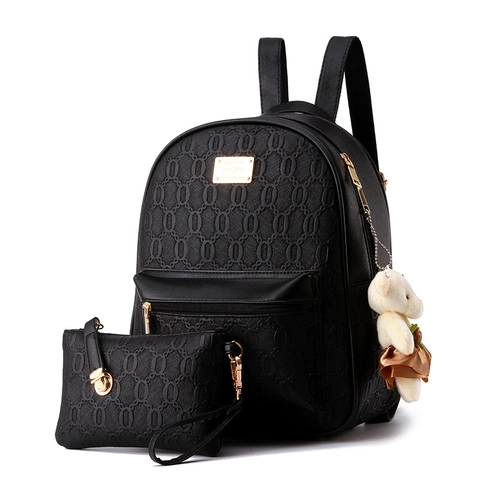 Women Fashion Backpack PU Leather Embossed Gold Hardware Anti Theft Pocket With Plush Bear Charm Casual Daypack