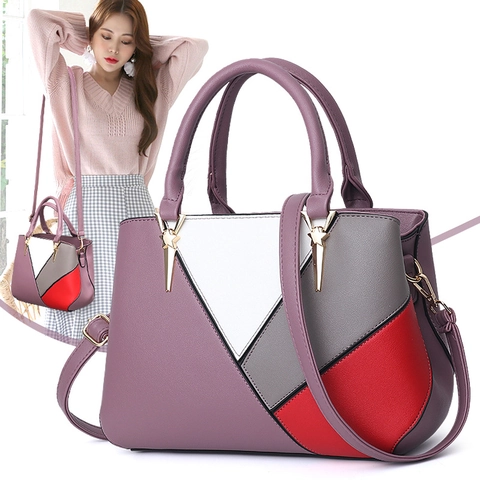 Fashion Women Handbag PU Leather Geometric Color Block Patchwork Shoulder Bag With Detachable Strap Elegant Commute Tote