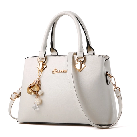 Bolso De Mano Para Mujer De Cuero PU Gran Capacidad Con Colgante De Flor Perla Artificial Correa Desmontable Elegante Moda