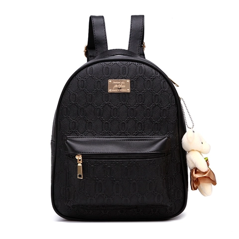 Women Fashion Backpack PU Leather Embossed Gold Hardware Anti Theft Pocket With Plush Bear Charm Casual Daypack