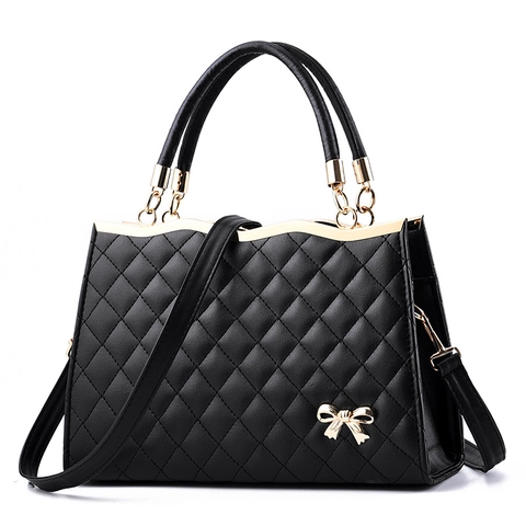Borsa A Mano Donna Pelle PU Trapuntata Rombi Decorazione Fiocco Dorato Borsa A Tracolla Elegante Moda