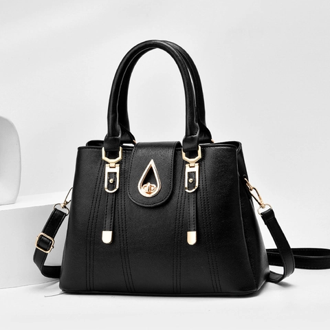 Women PU Leather Handbag Litchi Pattern Large Capacity Shoulder Bag Golden Twist Lock Detachable Strap Elegant Business
