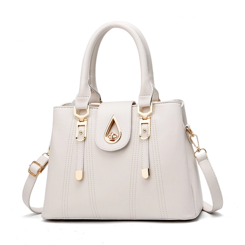 Women PU Leather Handbag Litchi Pattern Large Capacity Shoulder Bag Golden Twist Lock Detachable Strap Elegant Business