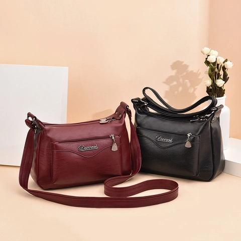 Elegante PU-Leder Umhängetasche für Damen Multi-Reißverschluss Crossbody Tasche Mit Verstellbarem Breitem Riemen Lässige Muttertasche Für Den Alltag