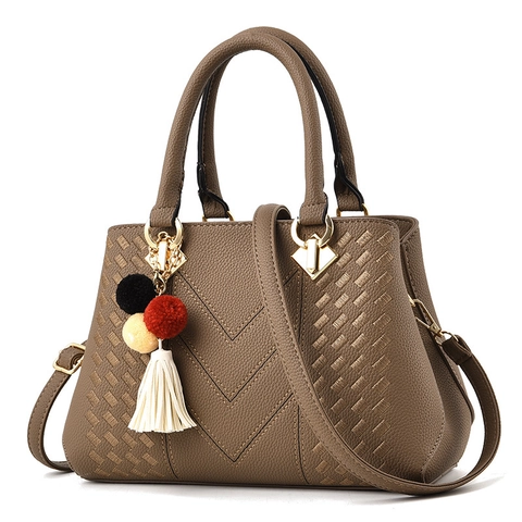 Women PU Leather Handbag V-Shaped Quilted Shoulder Bag With Pom Pom Tassel Charm Large Capacity Tote Fashion Versatile