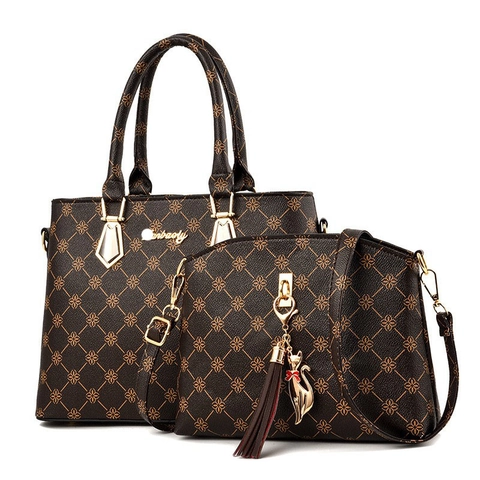 Borsa Tote E Tracolla Da Donna In Pelle PU Grande Capacità Stampa Monogramma Retrò Con Ciondolo A Gatto E Nappa