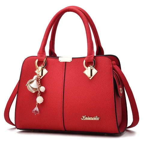 Women Handbag Lychee Texture PU Leather Shoulder Bag With Gold Hardware Artificial Pearl Floral Charm Top Handle Crossbody