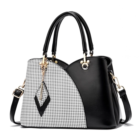 Borsa A Mano Da Donna Alla Moda Pelle PU Tessuto Scozzese Splicing Blocchi Di Colore Borsa A Tracolla Hardware Dorato Vintage