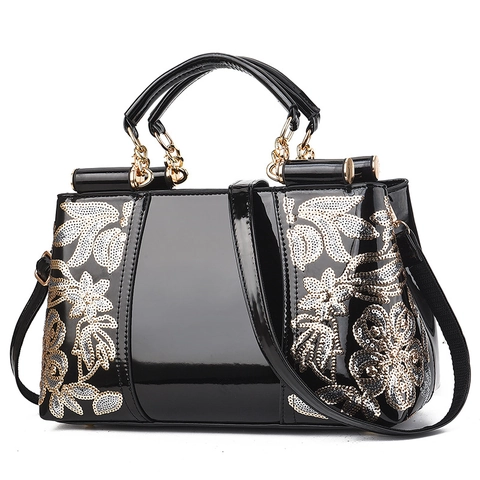 Damen Lackleder Handtasche Elegante Pailletten Blumenstickerei Griff Oben Schulter Umhängetasche Hochzeit Party Tasche