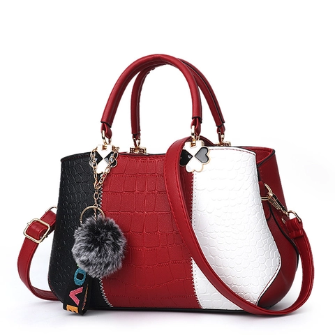 Crocodile Embossed PU Leather Handbag Three-Tone Color Block Shoulder Bag With Fur Ball Charm For Women