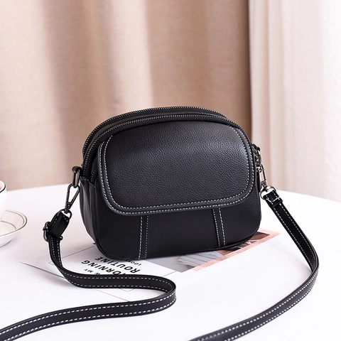 Sac Bandoulière Femme Cuir PU Texture Litchi Surpiqûres Contrastées Poches Zippées Multiples Petit Sac Téléphone Style Coréen