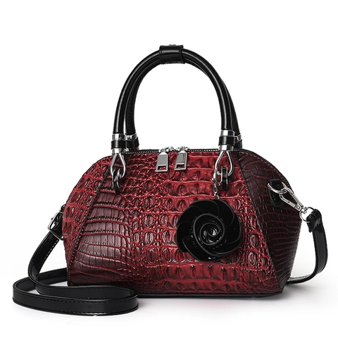 Dames PU Leren Handtas Met Krokodillenpatroon Reliëf Schelp Boston Tas Met Roos Hanger Retro Crossbody Schoudertas