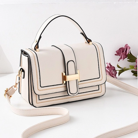 Mode PU Leder Damen Schulter Umhängetasche Mit H-Förmiger Metallschnalle Griff Kontrastnähten Quadratische Handtasche