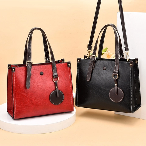 Large Capacity PU Leather Tote Handbag Retro Style Contrast Stitching Shoulder Bag For Women Daily Work Office