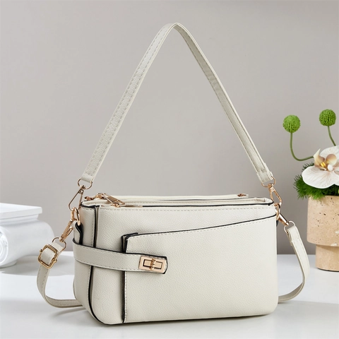 Women Shoulder Bag Lychee Grain PU Leather Triple Zipper Crossbody Bag Korean Minimalist Gold Turn-Lock Fashion