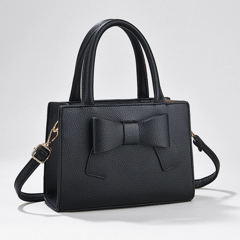 Women PU Leather Handbag With Large Bowknot Litchi Pattern Crossbody Shoulder Bag Gold Hardware Detachable Strap