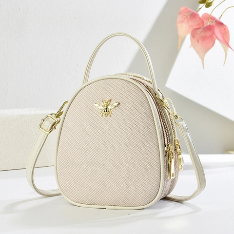Sac À Épaule Bandoulière Femme En Cuir PU Tissé Avec Décoration Abeille Dorée Multi Fermeture Éclair Rétro Mini Sac À Main