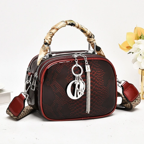 Women Snake Pattern PU Leather Handbag With Scarf Wrapped Handle And Metal Letter Pendant Crossbody Shoulder Bag