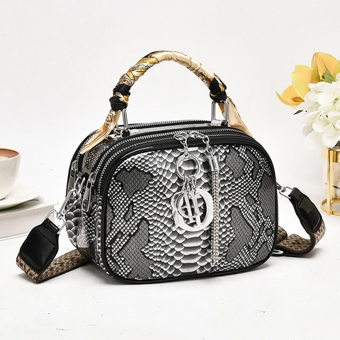 Women Snake Pattern PU Leather Handbag With Scarf Wrapped Handle And Metal Letter Pendant Crossbody Shoulder Bag