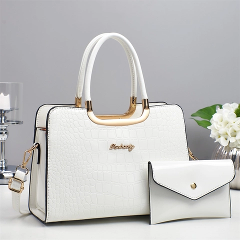 Elegant Women Handbag And Envelope Pouch Crocodile Pattern Patent Leather PU Tote Gold Hardware Shoulder Crossbody Bag