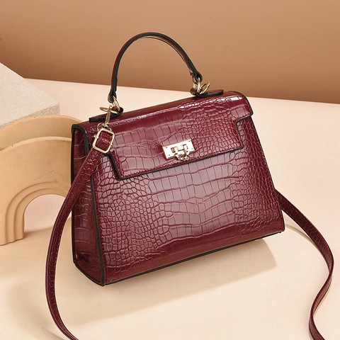 Women Crocodile Embossed Handbag PU Leather Top Handle Crossbody Bag Gold Turn Lock Adjustable Shoulder Strap Retro Elegant