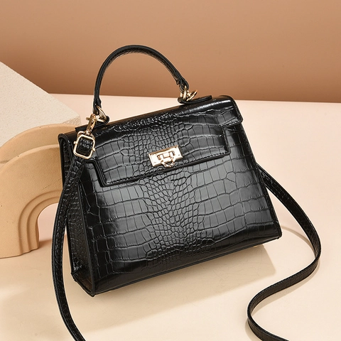 Women Crocodile Embossed Handbag PU Leather Top Handle Crossbody Bag Gold Turn Lock Adjustable Shoulder Strap Retro Elegant