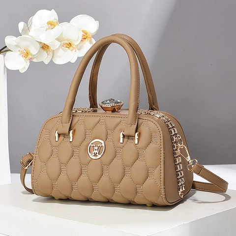 Gesteppte PU Leder Handtasche Damen Elegant Wasserstein Kristall Schloss Boston Umhängetasche Vielseitig Täglich
