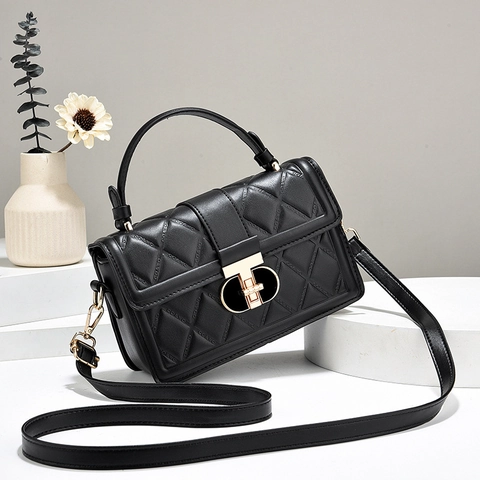 Quilted Shoulder Bag PU Leather Handbag With Gold Metal Lock Top Handle Crossbody Purse For Women Fashion Square Stylish