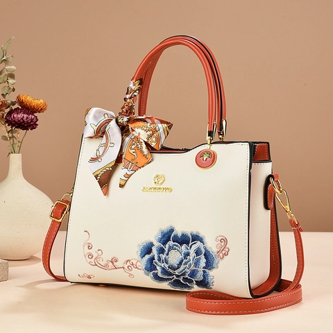 Damen Handtasche Elegant Pfingstrose Stickerei PU Leder Schultertasche Mit Dekorativem Satinnschal Geschenk