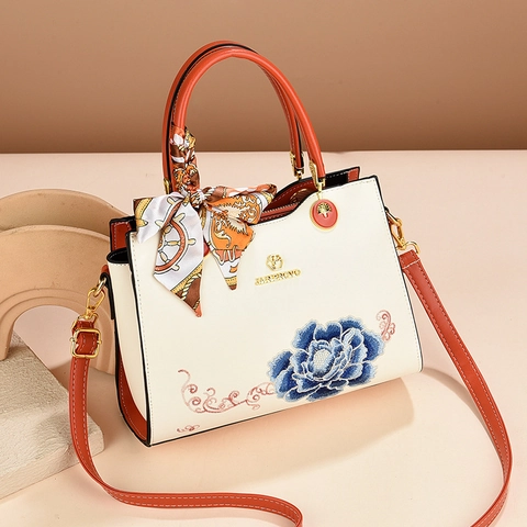 Damen Handtasche Elegant Pfingstrose Stickerei PU Leder Schultertasche Mit Dekorativem Satinnschal Geschenk