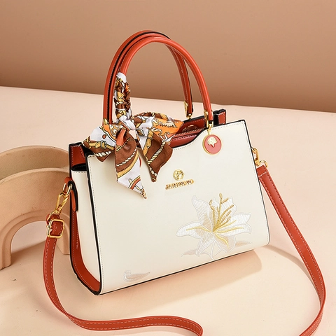 Bolso De Mano Cuero PU Elegante Bordado Lirio Decoración Pañuelo Satén Color Contraste Bolso Bandolera Mujer