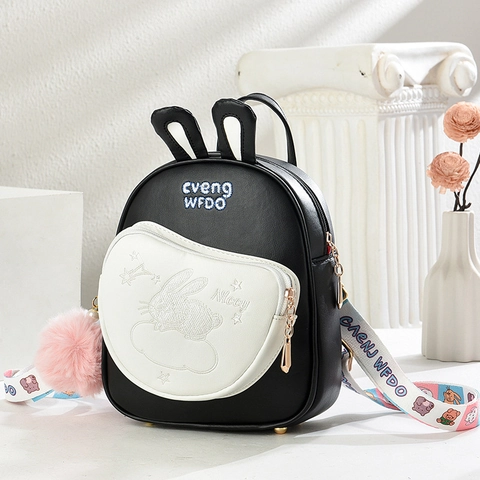 Zaino Bambini Orecchie Di Coniglio Pelle PU Mini Zainetto Ragazze Con Ricamo Ciondolo Pompon E Spallacci