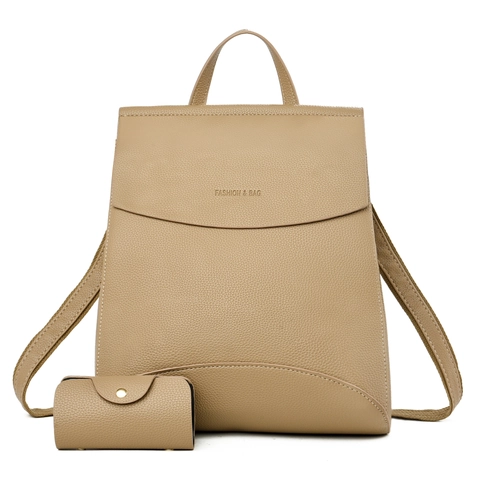 Women Fashion Backpack And Matching Small Coin Purse Litchi Grain PU Leather Top Handle Large Capacity Anti-Theft Shoulder Bag Solid Color Vintage Daily Travel