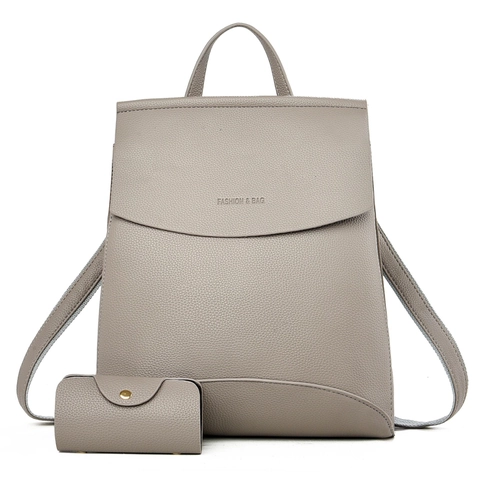Women Fashion Backpack And Matching Small Coin Purse Litchi Grain PU Leather Top Handle Large Capacity Anti-Theft Shoulder Bag Solid Color Vintage Daily Travel