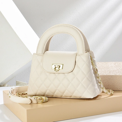 Damen Elegante Gesteppte Handtasche PU Leder Kette Schulter Umhängetasche Gold Metall Drehverschluss Griff Modisch