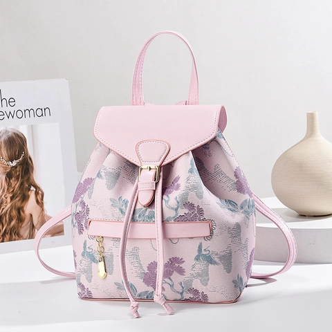Women Vintage Floral Jacquard Backpack Large Capacity PU Leather Trim Drawstring Flap Travel Shoulder Bag For Mothers