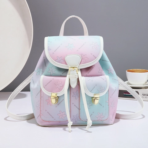 Mini Zaino Da Donna Pelle PU Gradiente Macaron Stampa Floreale Coulisse Patta Moda Casual Scuola Ragazze