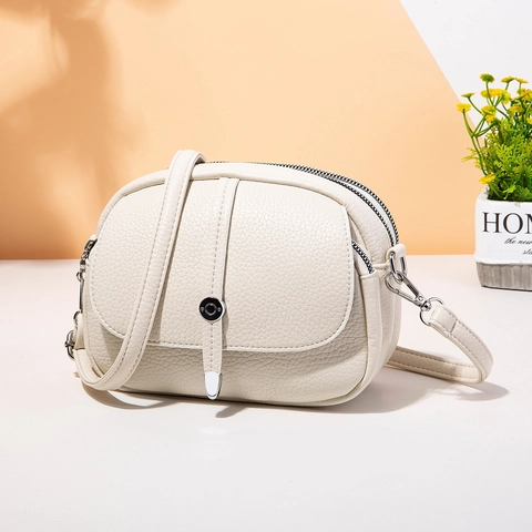 Women Shoulder Crossbody Bag PU Leather Litchi Pattern Multiple Zipper Pockets Solid Color Simple Urban Style Handbag